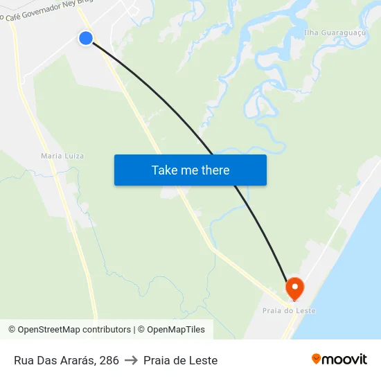 Rua Das Ararás, 286 to Praia de Leste map