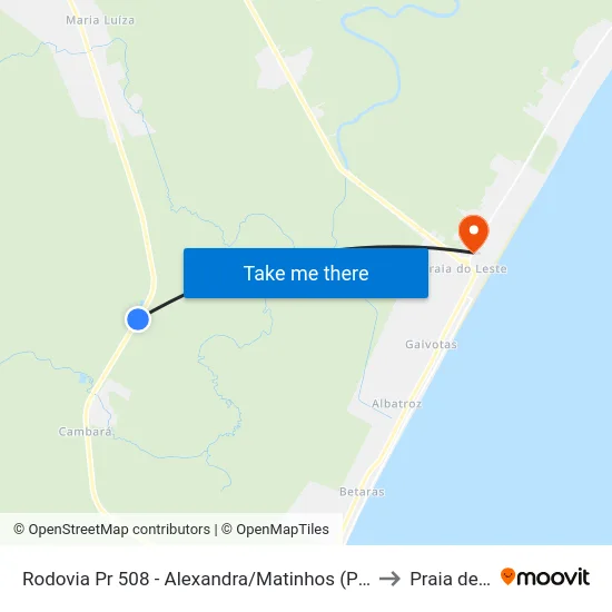 Rodovia Pr 508 - Alexandra/Matinhos (Parque Águas Claras) to Praia de Leste map