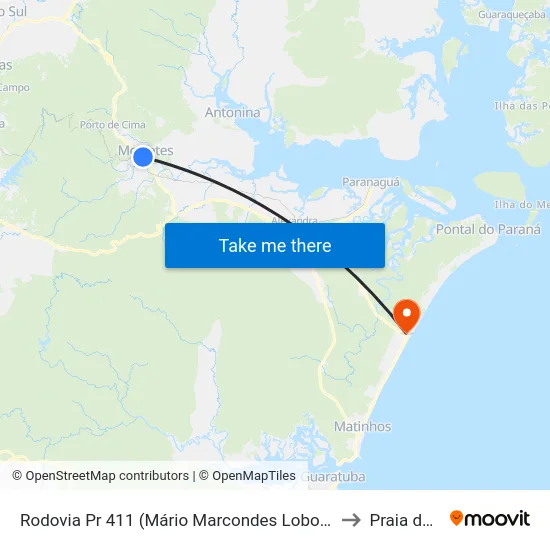 Rodovia Pr 411 (Mário Marcondes Lobo) - Igreja São Benedito to Praia de Leste map