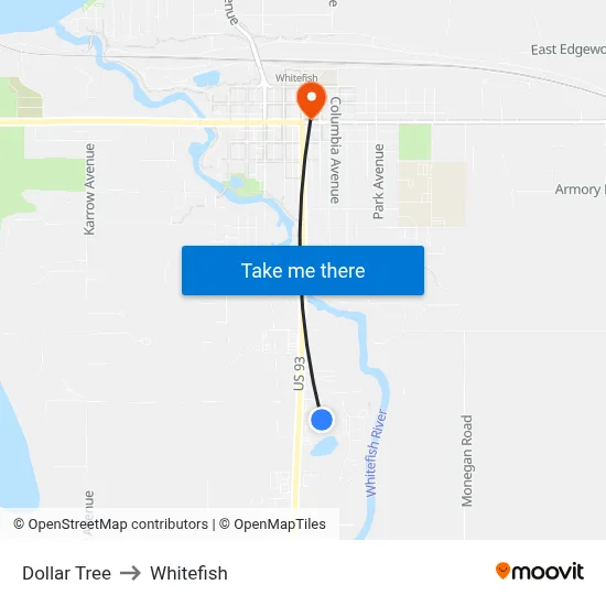 Dollar Tree to Whitefish map