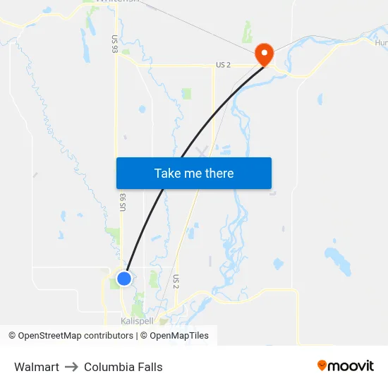 Walmart to Columbia Falls map