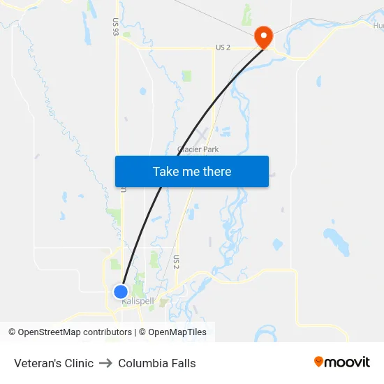 Veteran's Clinic to Columbia Falls map