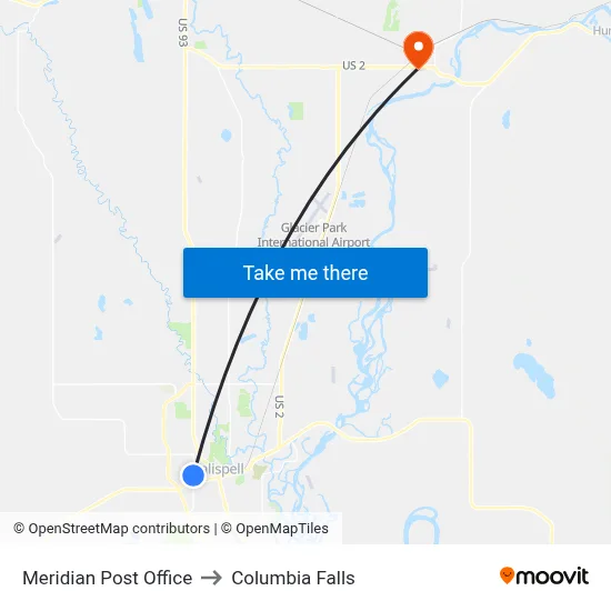 Meridian Post Office to Columbia Falls map