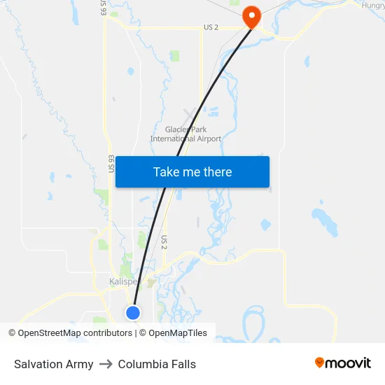 Salvation Army to Columbia Falls map