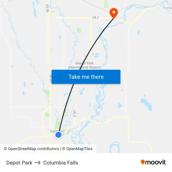 Depot Park to Columbia Falls map