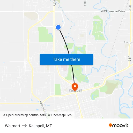 Walmart to Kalispell, MT map