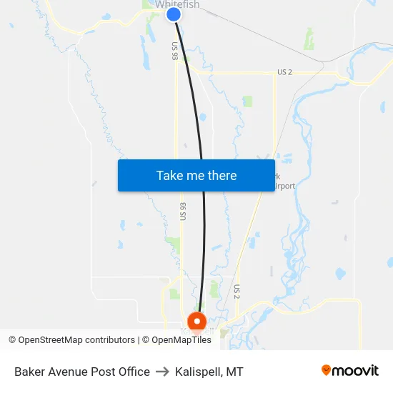 Baker Avenue Post Office to Kalispell, MT map