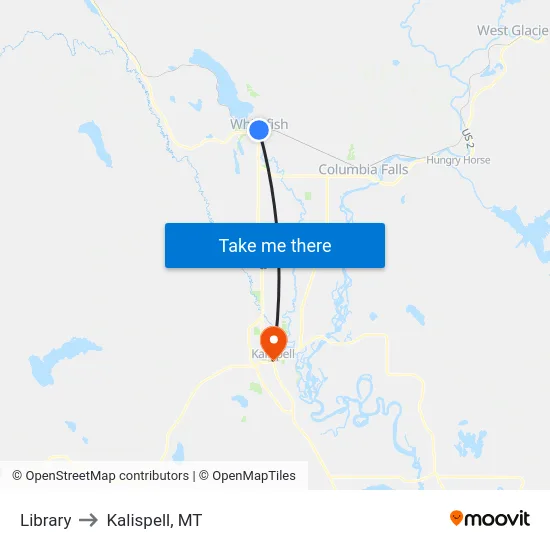Library to Kalispell, MT map
