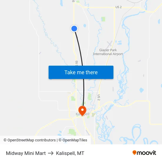 Midway Mini Mart to Kalispell, MT map