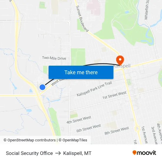 Social Security Office to Kalispell, MT map