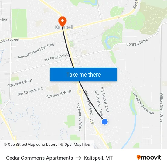 Cedar Commons Apartments to Kalispell, MT map