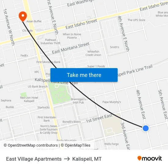 East Village Apartments to Kalispell, MT map