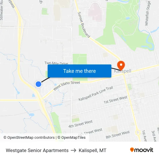 Westgate Senior Apartments to Kalispell, MT map