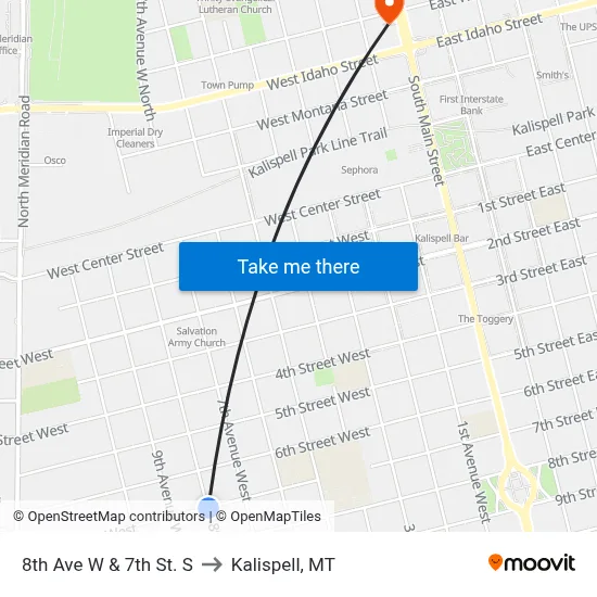 8th Ave W & 7th St. S to Kalispell, MT map