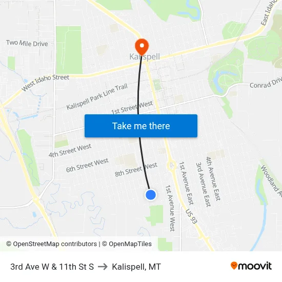 3rd Ave W & 11th St S to Kalispell, MT map
