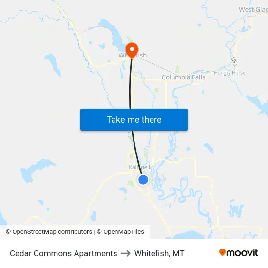 Cedar Commons Apartments to Whitefish, MT map