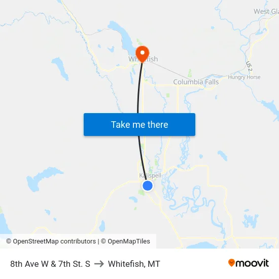 8th Ave W & 7th St. S to Whitefish, MT map