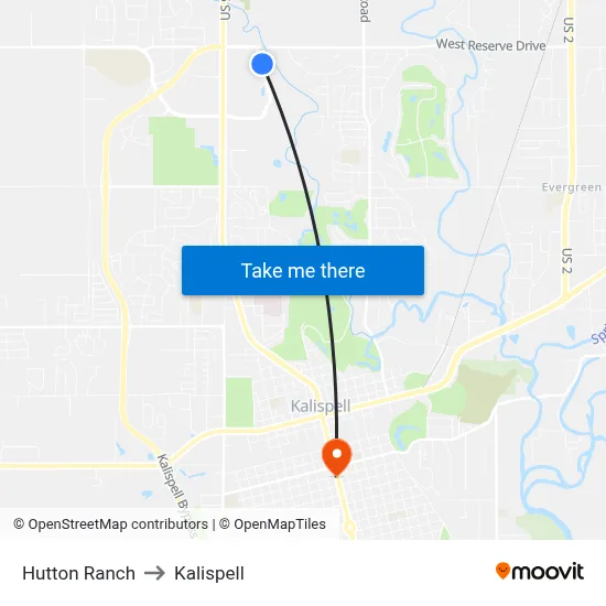 Hutton Ranch to Kalispell map