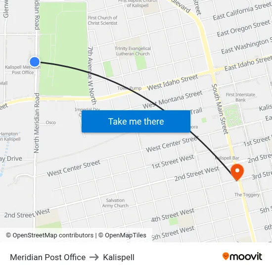 Meridian Post Office to Kalispell map