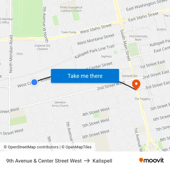 9th Avenue & Center Street West to Kalispell map