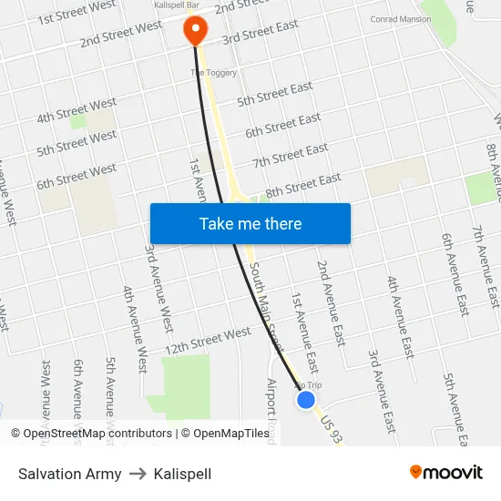 Salvation Army to Kalispell map