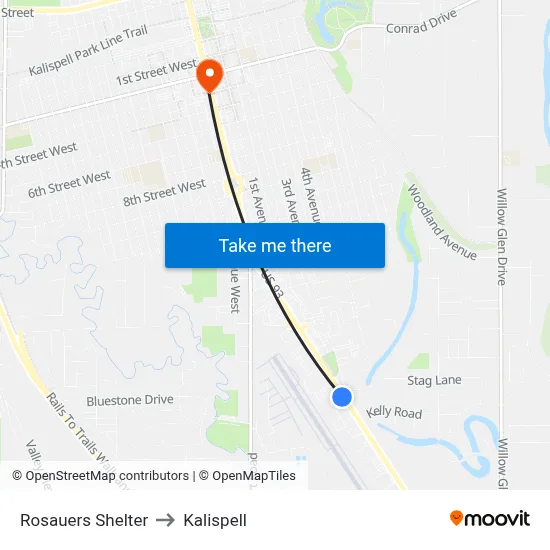 Rosauers Shelter to Kalispell map