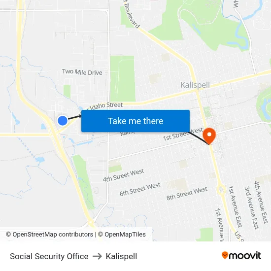 Social Security Office to Kalispell map