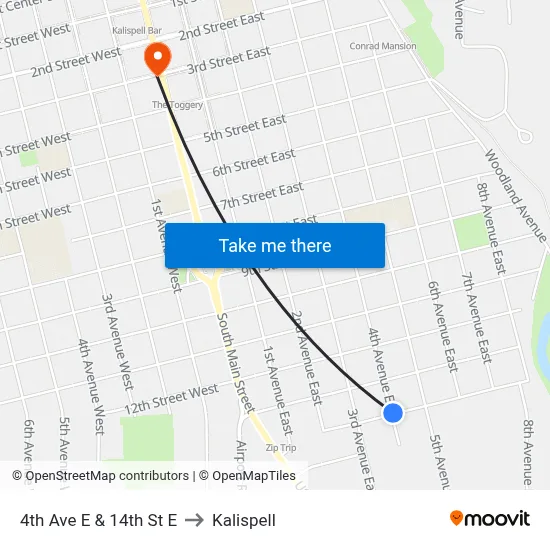 4th Ave E & 14th St E to Kalispell map