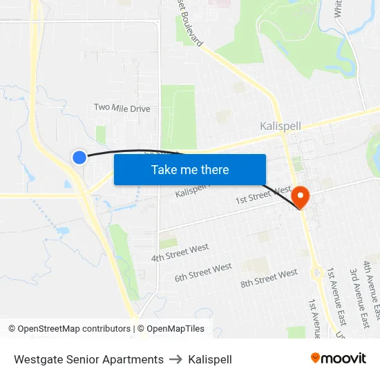 Westgate Senior Apartments to Kalispell map