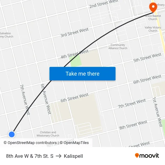 8th Ave W & 7th St. S to Kalispell map