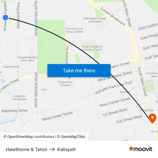 Hawthorne & Teton to Kalispell map