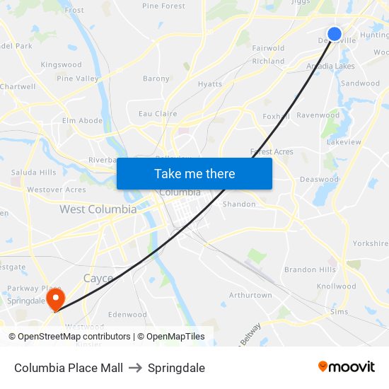 Columbia Place Mall to Springdale map