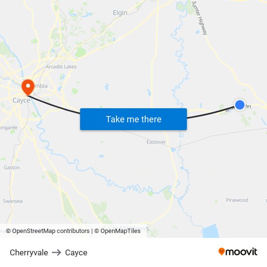 Cherryvale to Cayce map