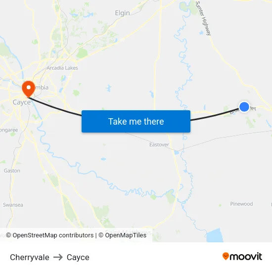 Cherryvale to Cayce map