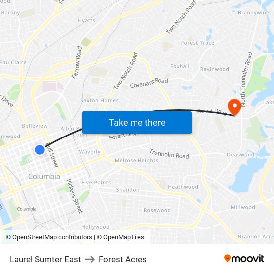 Laurel Sumter East to Forest Acres map