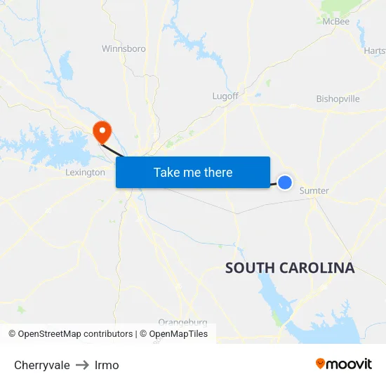 Cherryvale to Irmo map