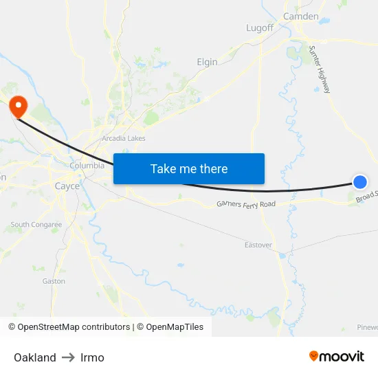Oakland to Irmo map