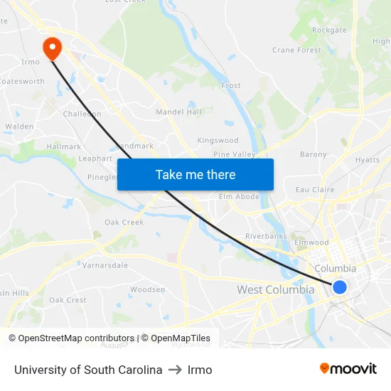 University of South Carolina to Irmo map