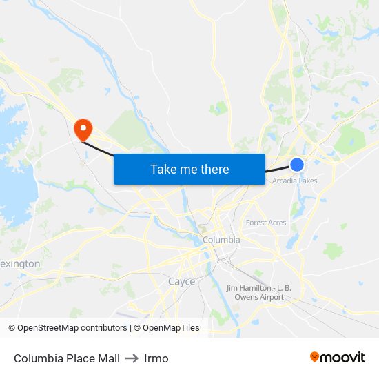 Columbia Place Mall to Irmo map