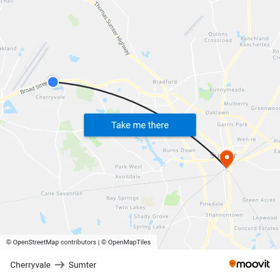 Cherryvale to Sumter map