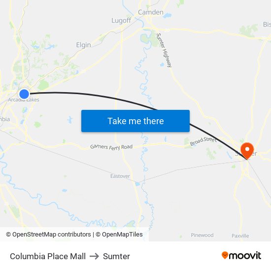 Columbia Place Mall to Sumter map