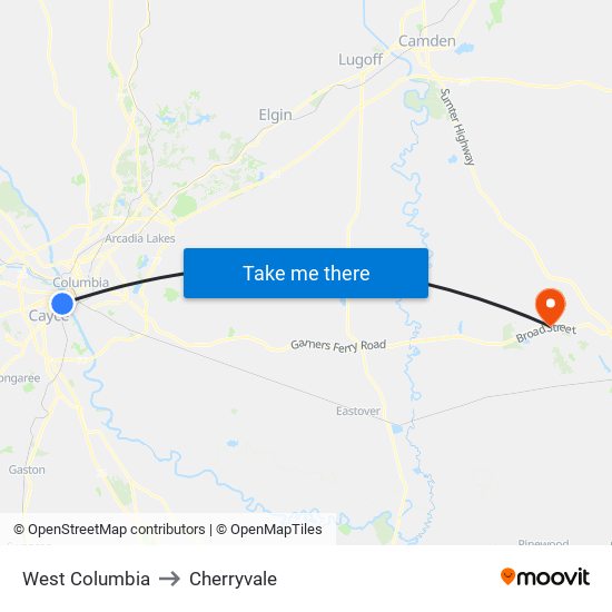 West Columbia to Cherryvale map