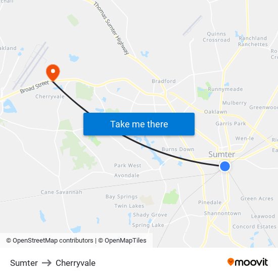 Sumter to Cherryvale map