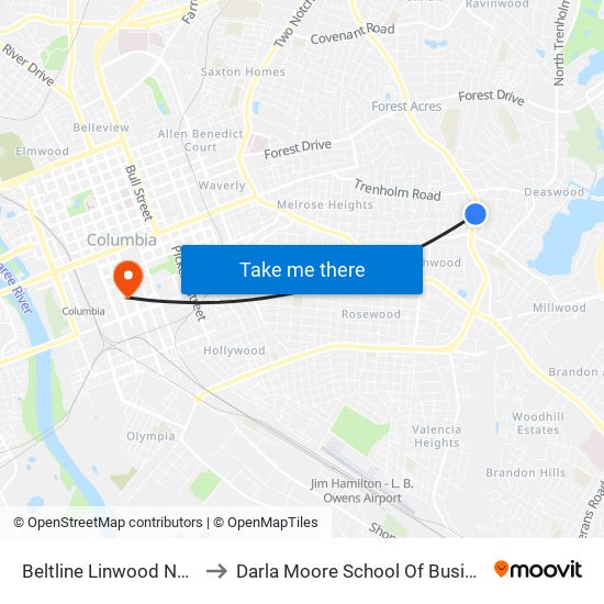 Beltline Linwood North to Darla Moore School Of Business map