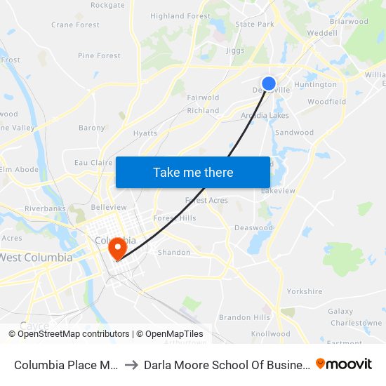 Columbia Place Mall to Darla Moore School Of Business map