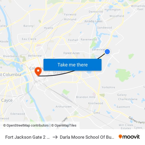 Fort Jackson Gate 2 West to Darla Moore School Of Business map