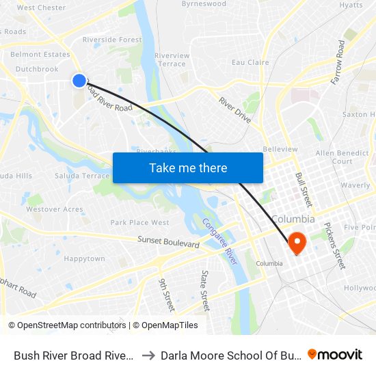 Bush River Broad River West to Darla Moore School Of Business map