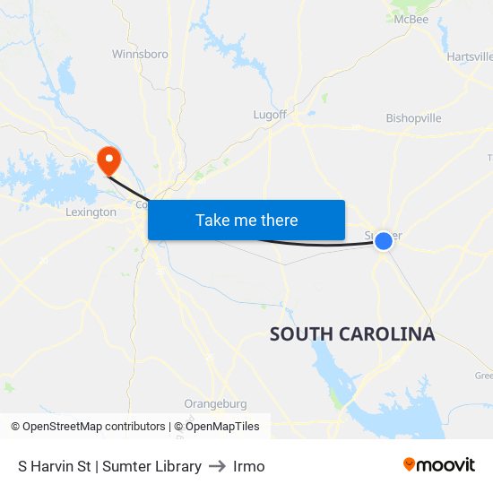 S Harvin St | Sumter Library to Irmo map