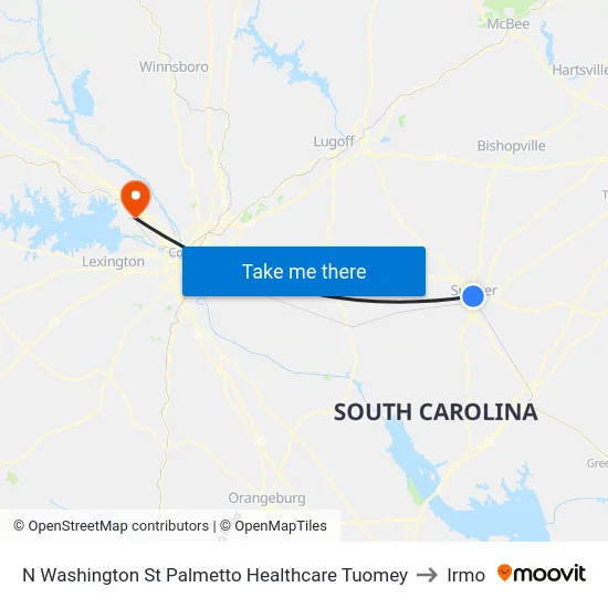 N Washington St Palmetto Healthcare Tuomey to Irmo map