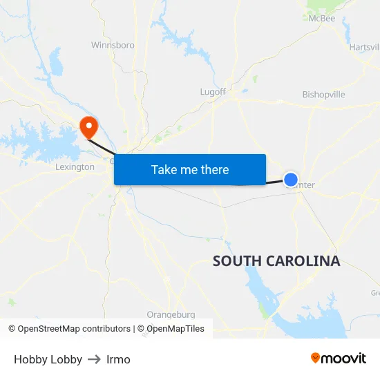 Hobby Lobby to Irmo map
